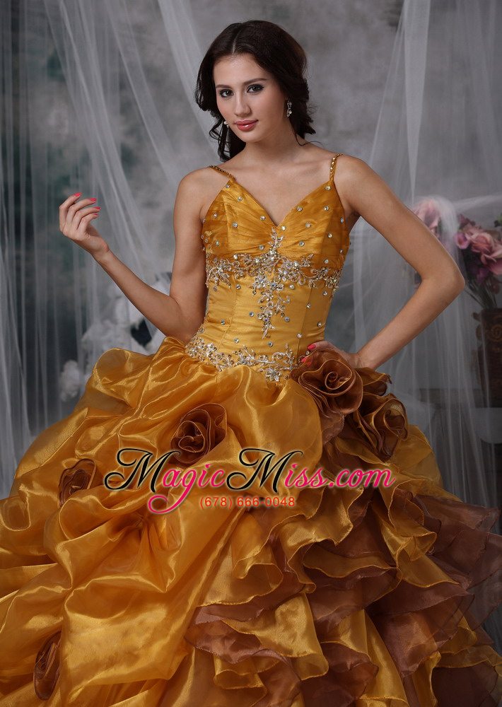 wholesale brown ball gown straps floor-length organza beading quinceanera dress